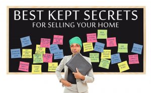 Selling your home: Best Kept Secrets for Selling Your home (Brighten, First Impression, Hide Pets, Closets Tidy and Half Empty) professional woman wearing head wrap holding binder isolated on white background